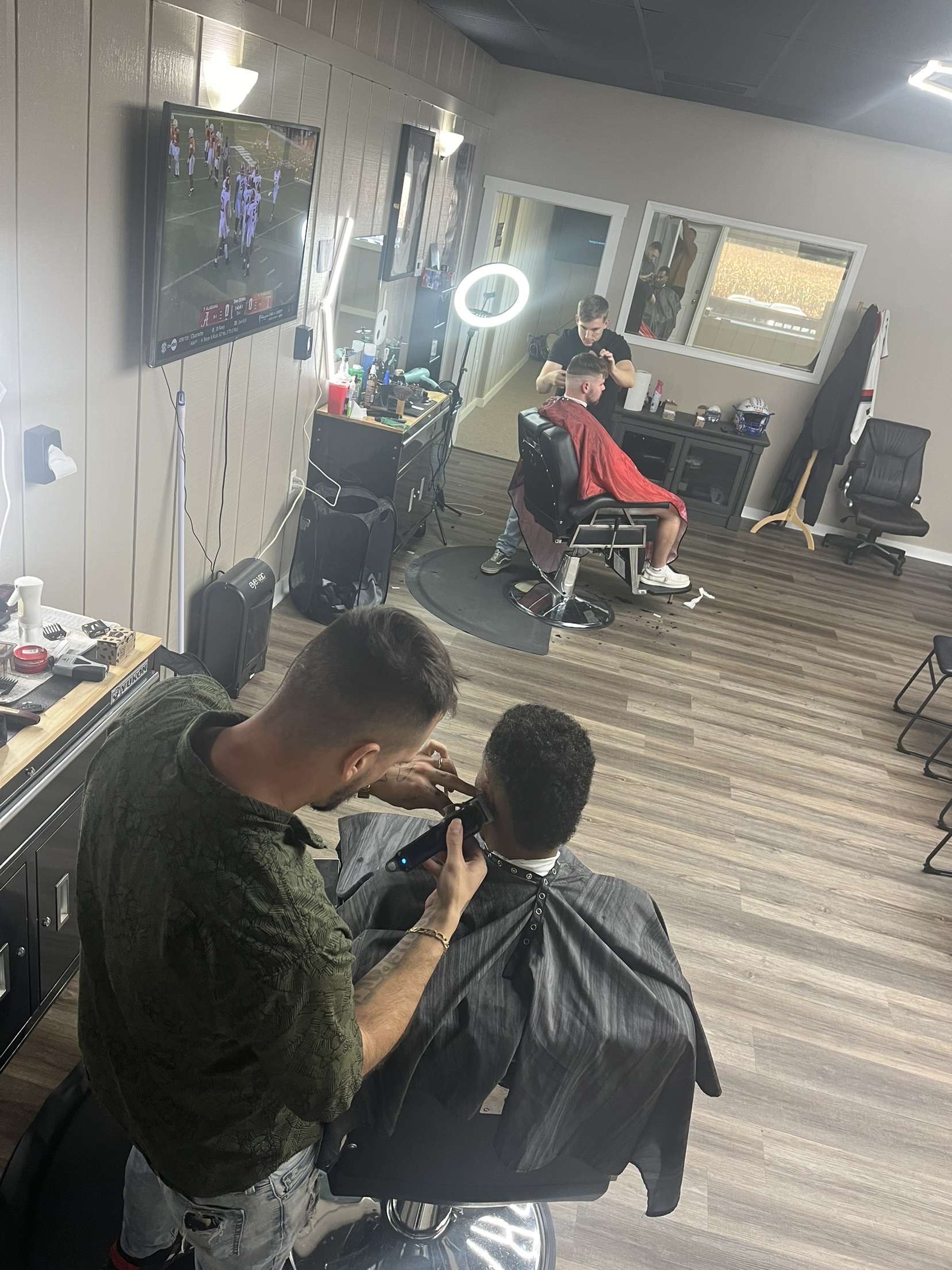 Warm, modern interior at 2Dudes Barbershop